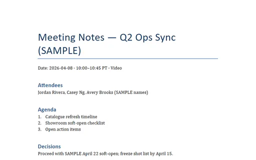 Preview of Meeting Notes — Ops Sync (DOCX, SAMPLE)