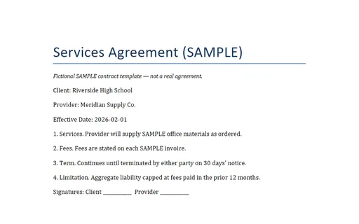 Preview of Services Agreement Template (DOCX, SAMPLE)