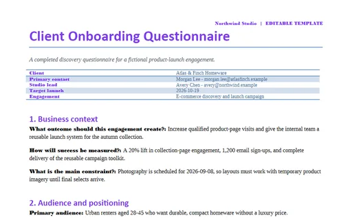 Preview of Client Onboarding Questionnaire (DOCX)