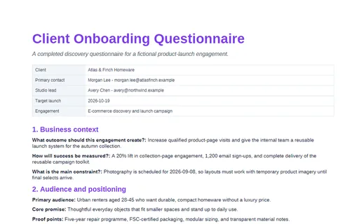 Preview of Client Onboarding Questionnaire (PDF)