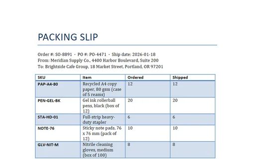 Preview of Packing Slip Template (DOCX)
