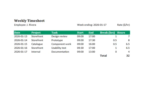 Preview of Weekly Timesheet Template (XLSX)