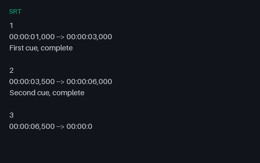 Preview of SRT — Intentionally Corrupt: Truncated Mid-Cue