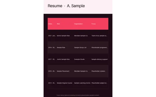 Classic Resume Layout — table-sheet layout, sample content only