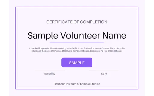 Volunteer Appreciation Award — certificate layout, sample content only