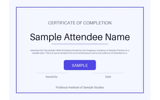Workshop Attendance Certificate — certificate layout, sample content only