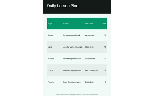 Daily Lesson Plan Sheet — table-sheet layout, sample content only