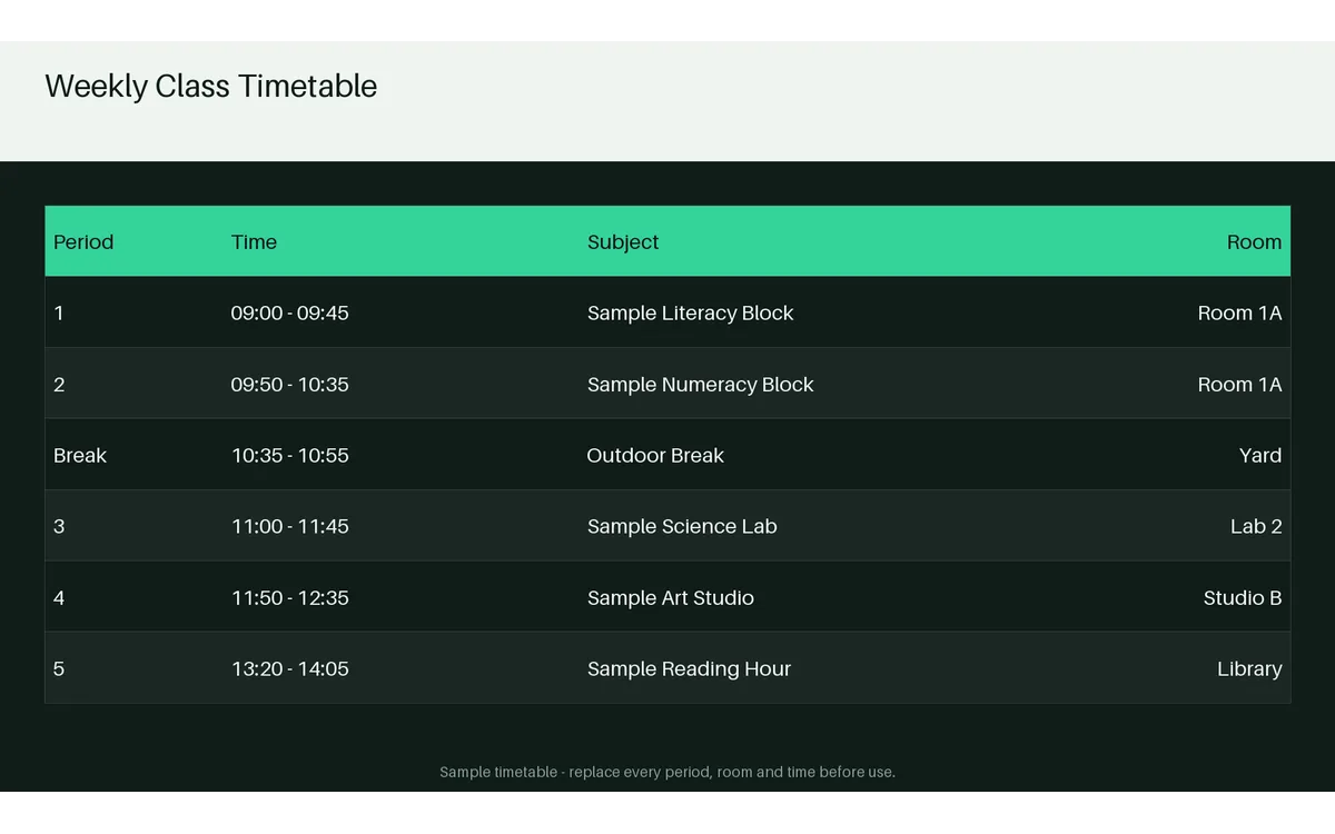 Weekly Class Timetable detail preview