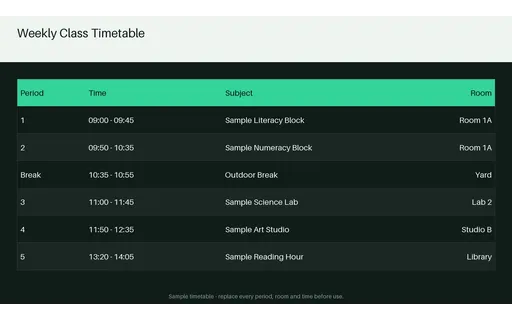 Weekly Class Timetable — table-sheet layout, sample content only