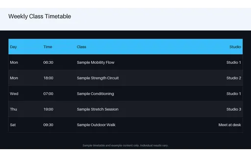 Weekly Class Timetable — table-sheet layout, sample content only