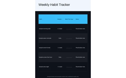Weekly Habit Tracker — table-sheet layout, sample content only