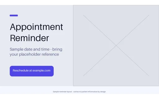 Appointment Reminder Card — hero-split layout, sample content only