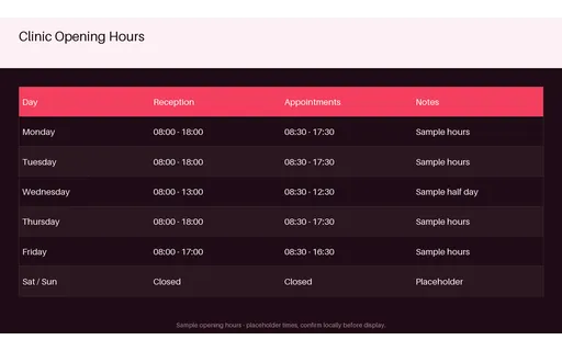 Clinic Opening Hours Sheet — table-sheet layout, sample content only