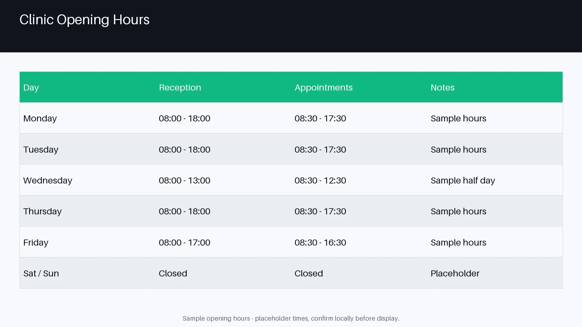 Clinic Opening Hours Sheet variant 1