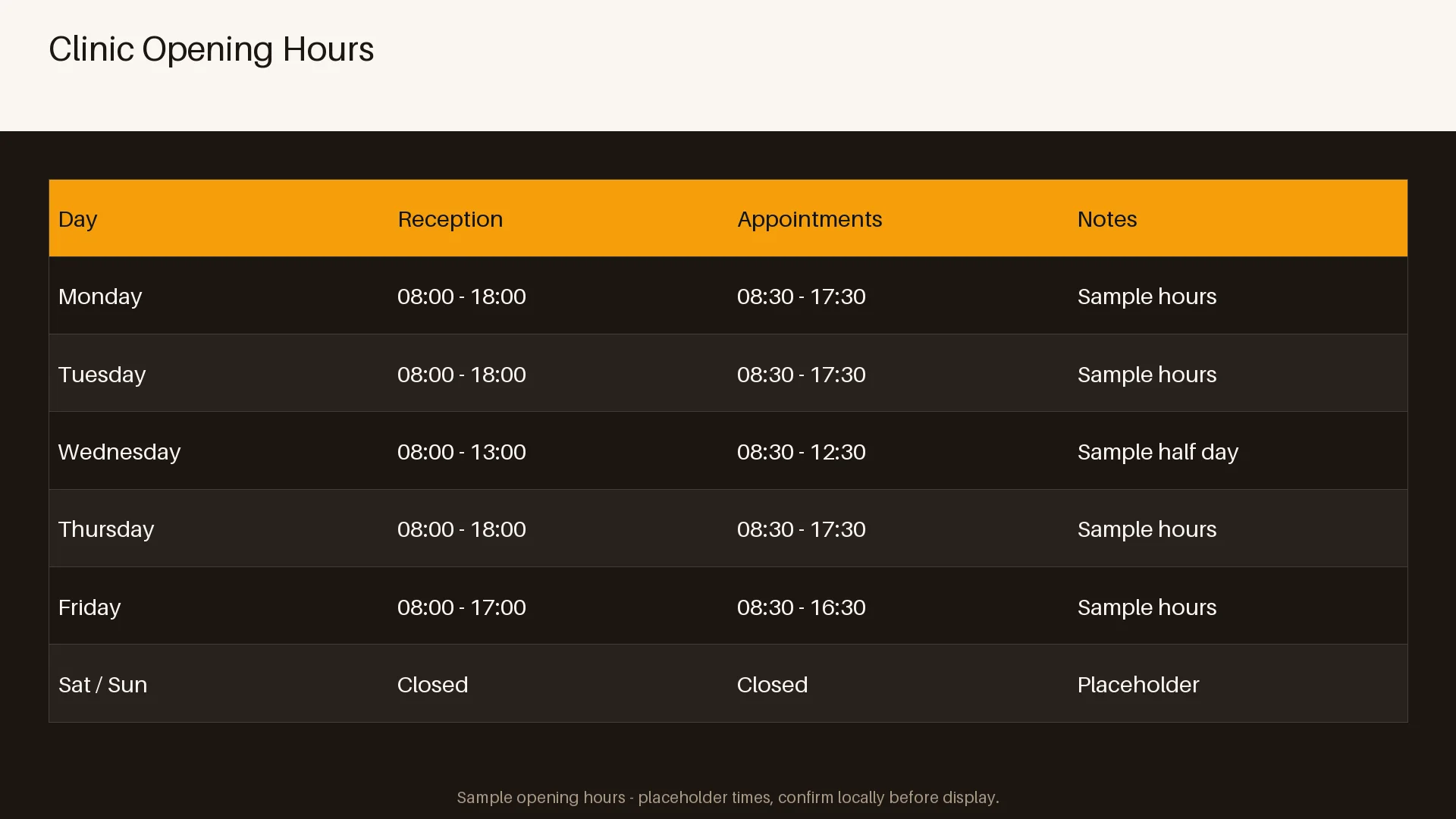 Clinic Opening Hours Sheet variant 2