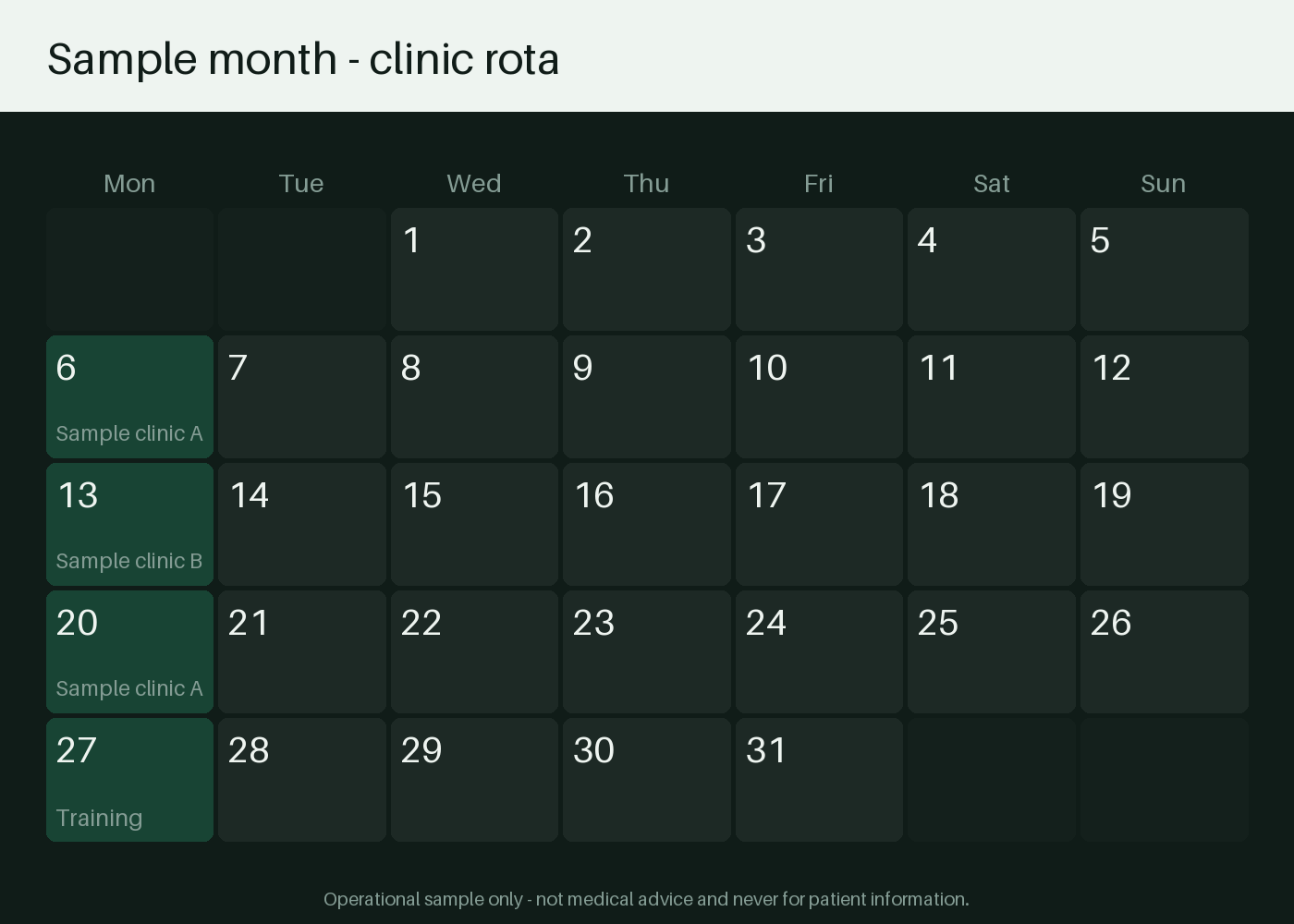 Clinic Rota Calendar canonical preview