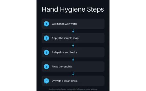 Hand Hygiene Steps Poster — flow-diagram layout, sample content only