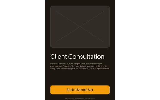 Client Consultation Notice — poster layout, sample content only