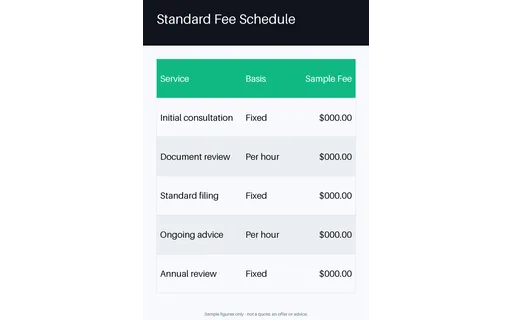 Standard Fee Schedule — table-sheet layout, sample content only