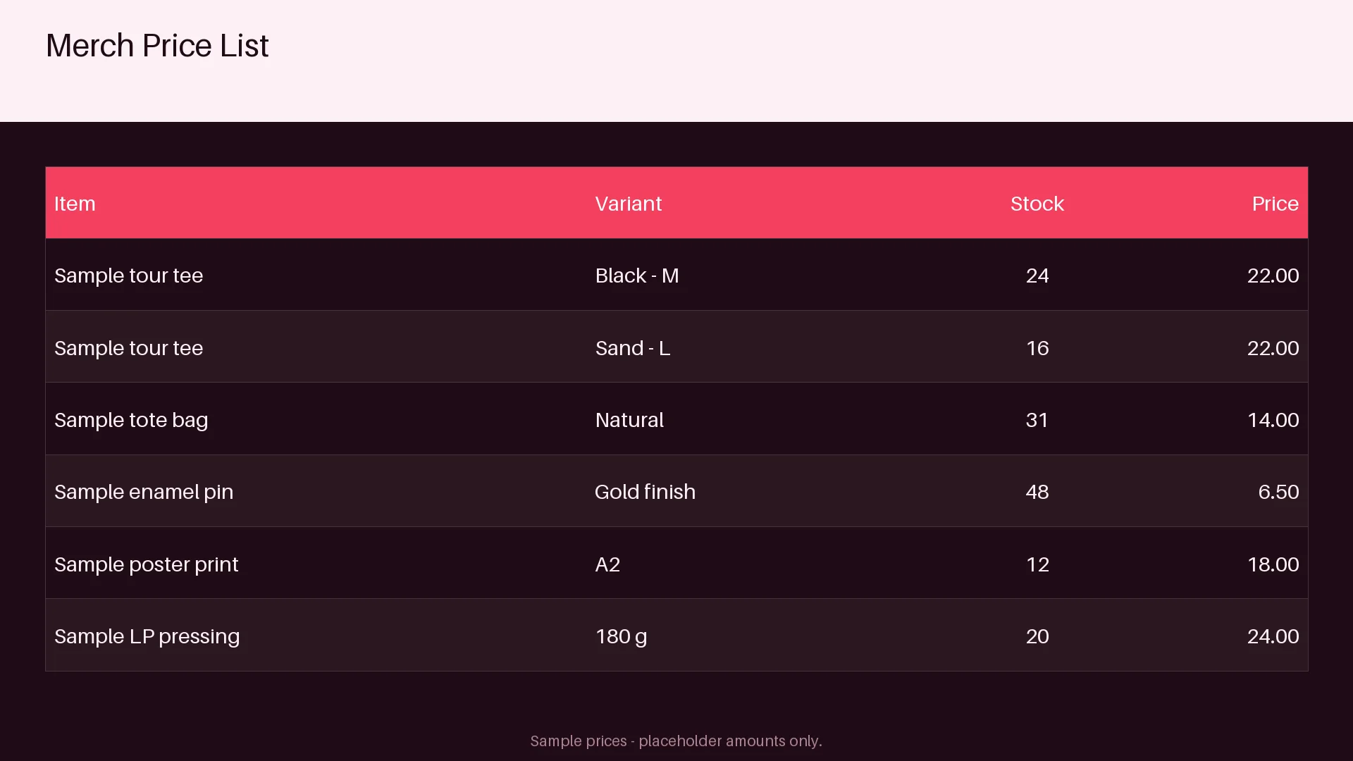 Merch Price List variant 1