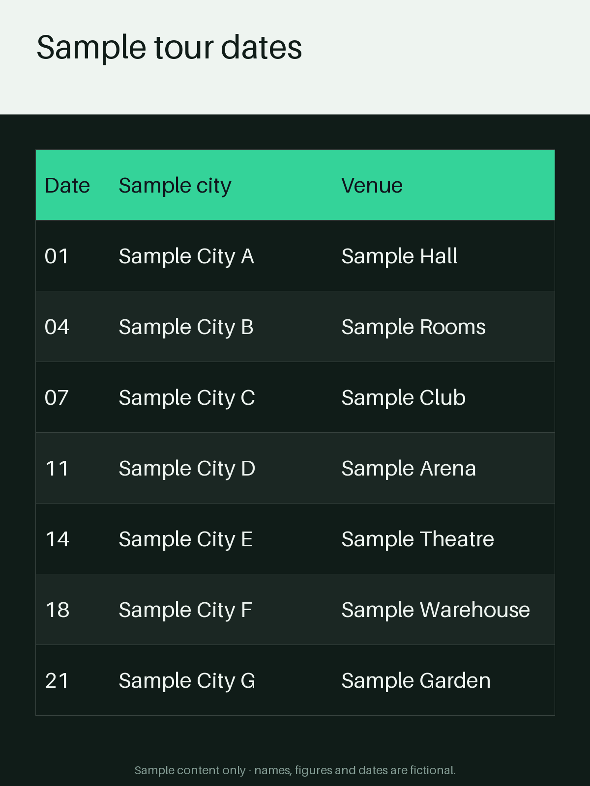 Tour Date Listing Sheet canonical preview