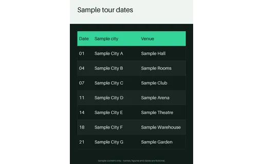 Tour Date Listing Sheet template preview