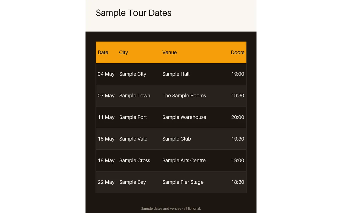 Tour Date List Sheet detail preview