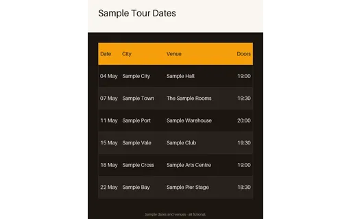 Tour Date List Sheet — table-sheet layout, sample content only