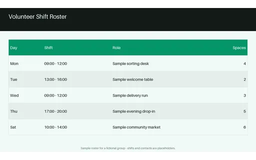 Volunteer Shift Roster — table-sheet layout, sample content only
