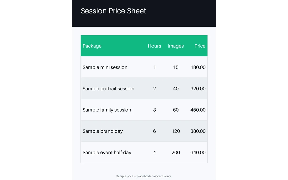 Session Price Sheet detail preview