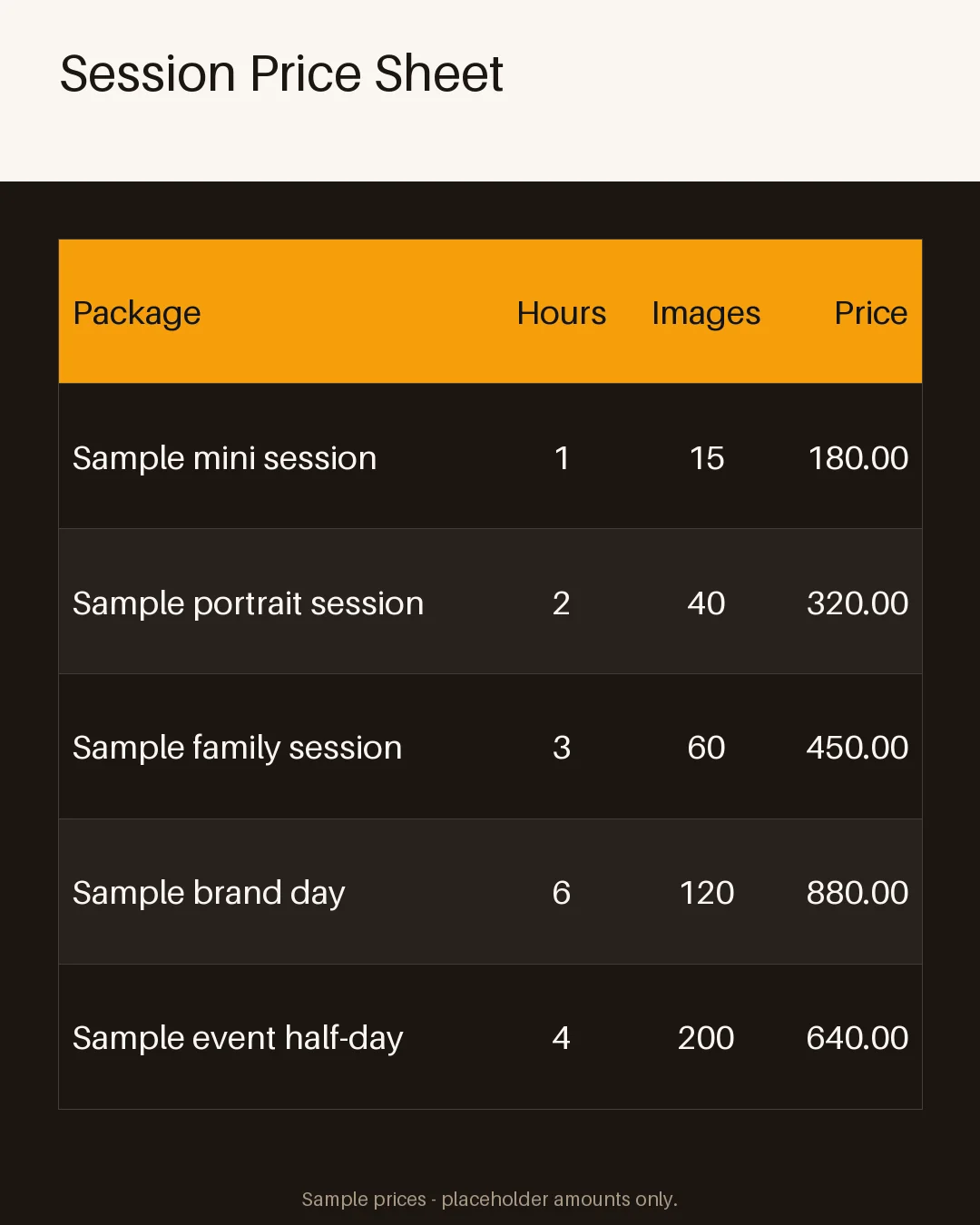 Session Price Sheet variant 1