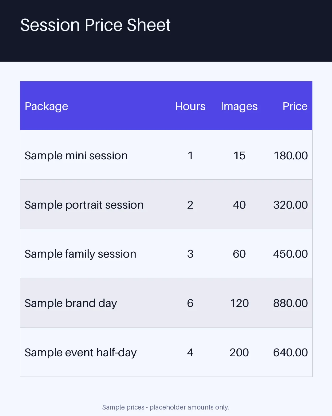 Session Price Sheet variant 2