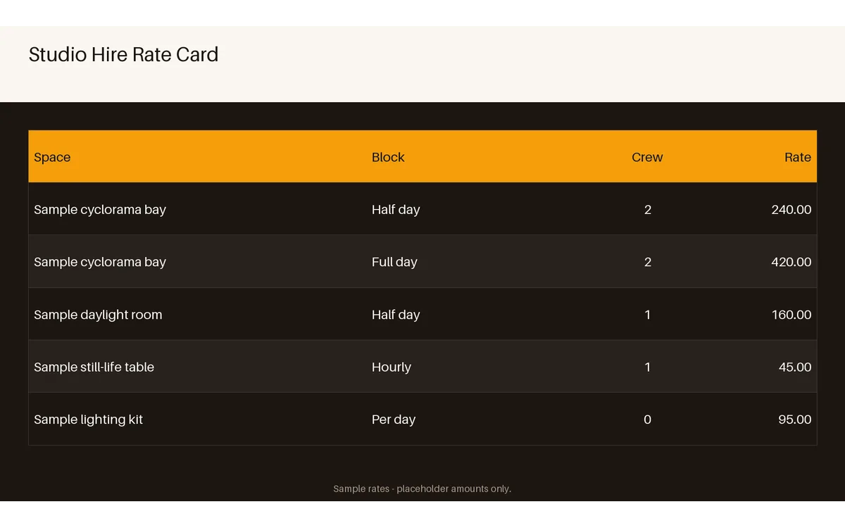 Studio Hire Rate Card detail preview