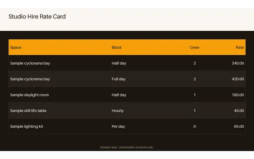 Studio Hire Rate Card template preview