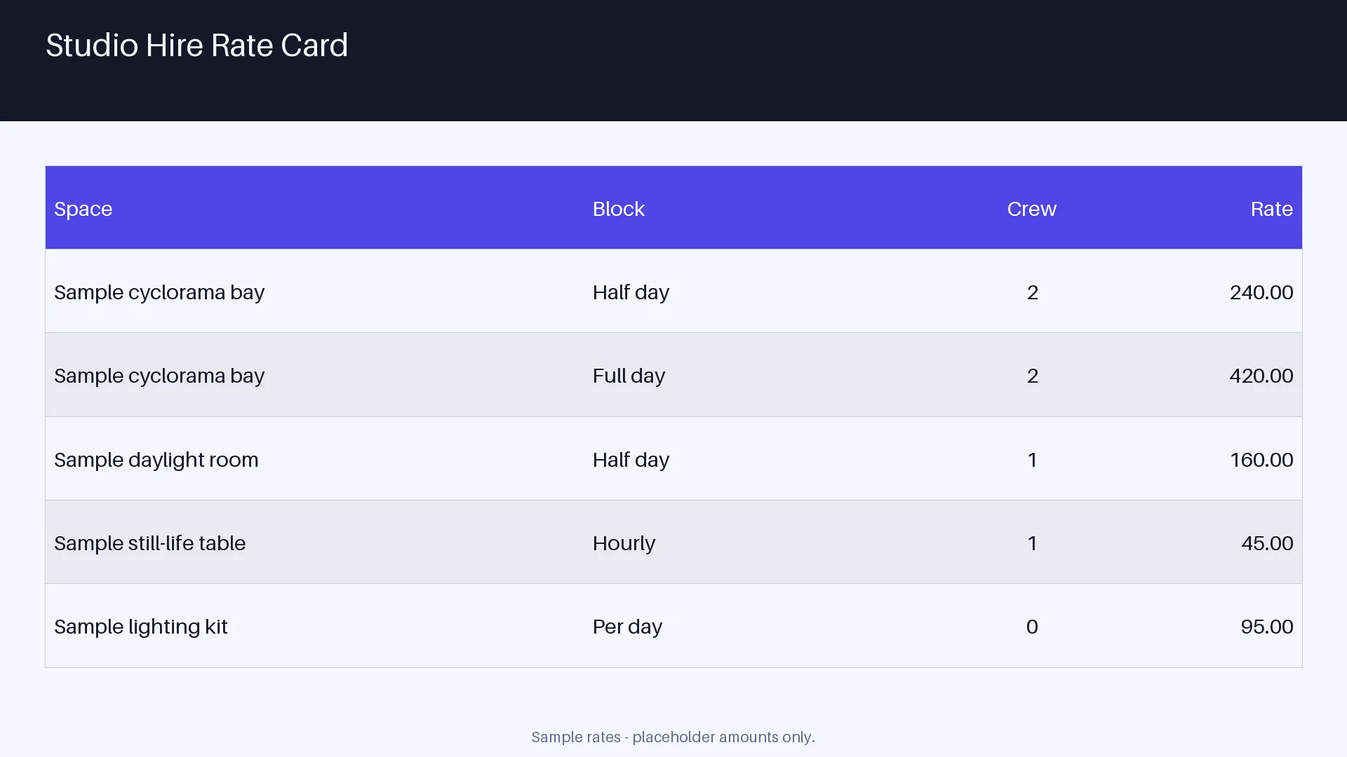 Studio Hire Rate Card variant 1