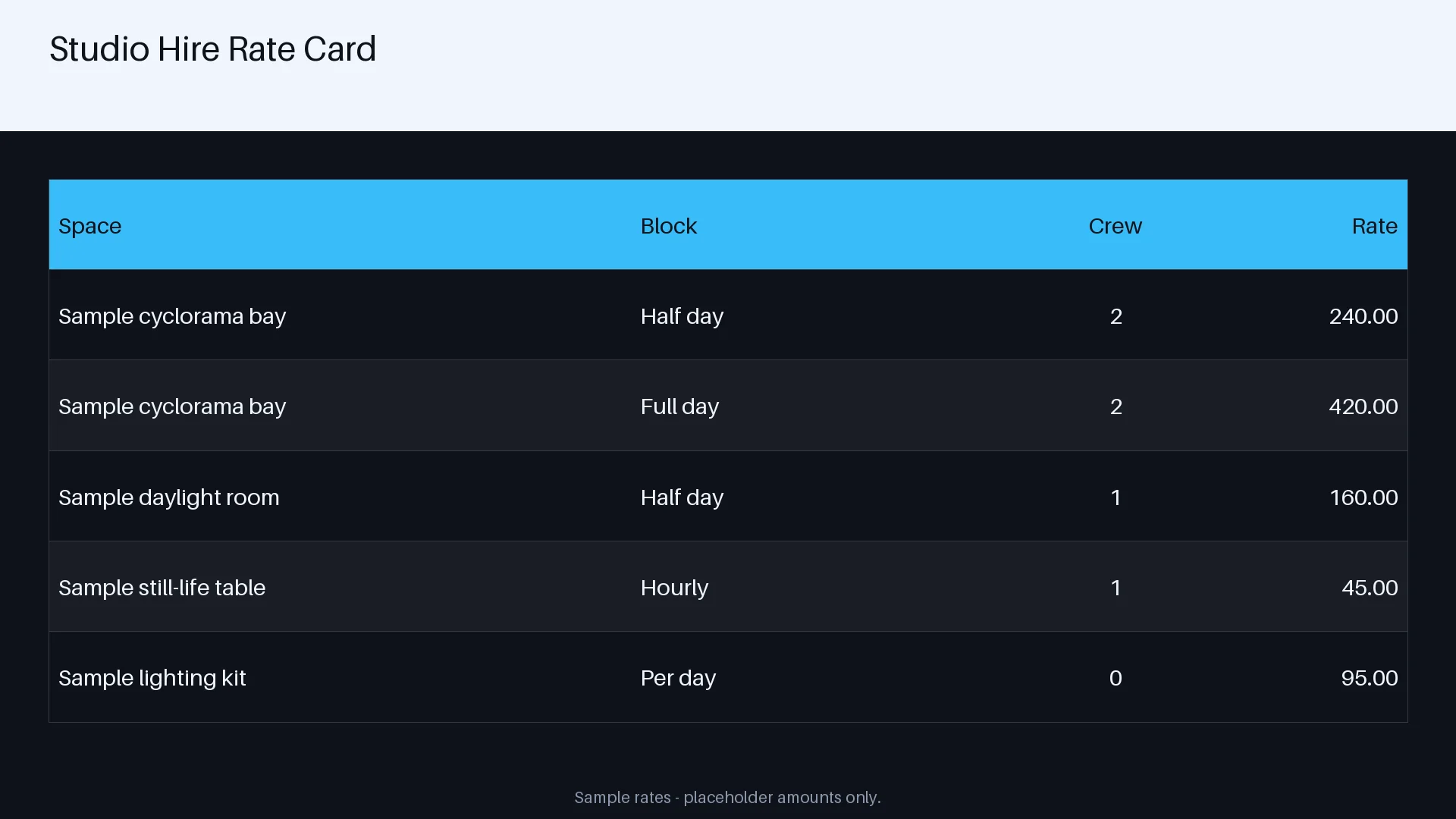 Studio Hire Rate Card variant 2