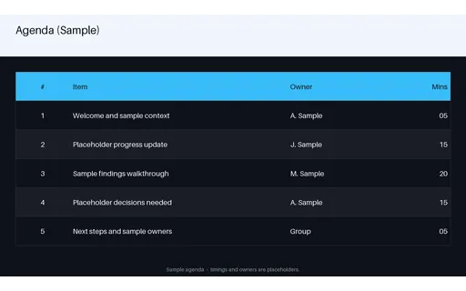 Agenda Frame Slide — table-sheet layout, sample content only