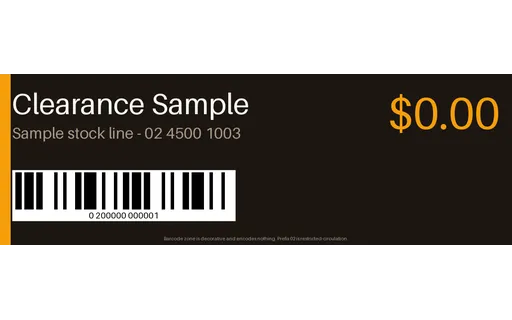 Clearance Label Strip — label-strip layout, sample content only