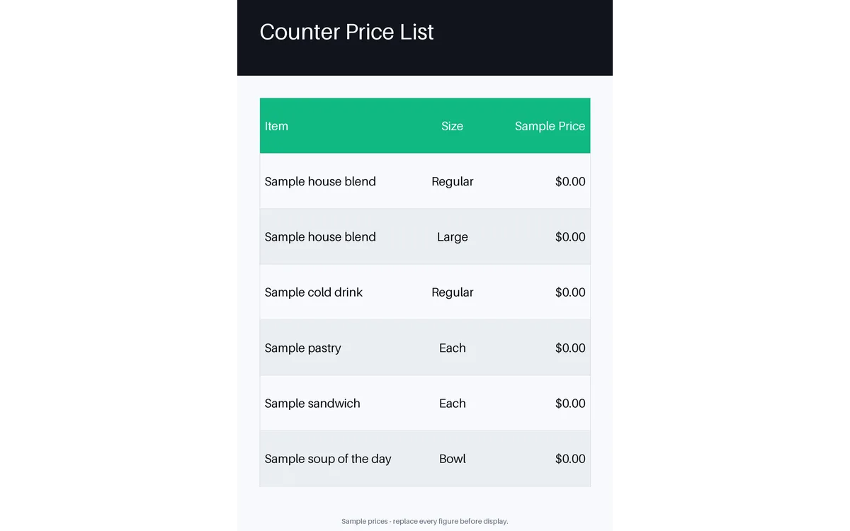Counter Price List detail preview