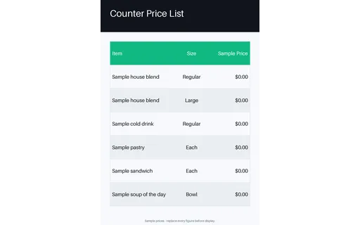 Counter Price List template preview