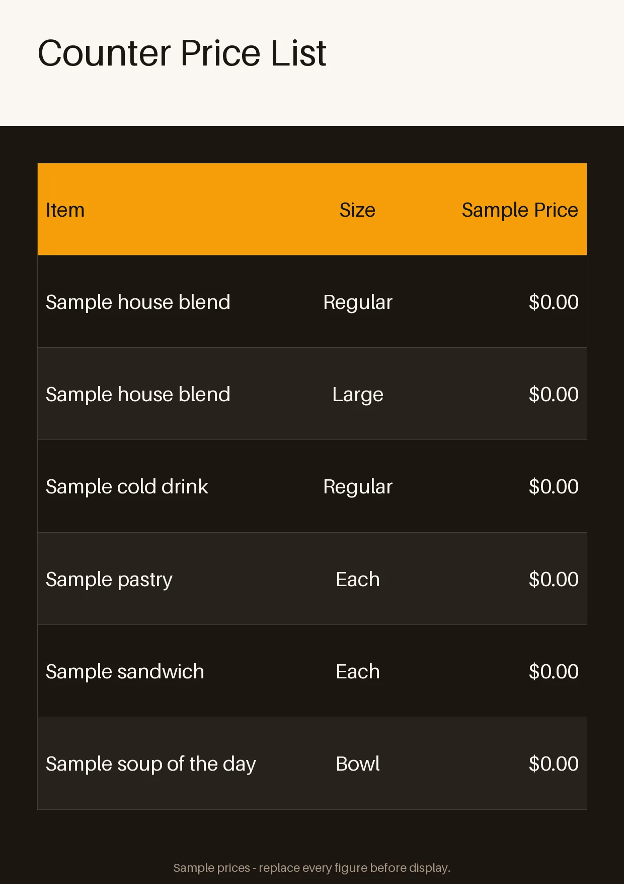 Counter Price List variant 1