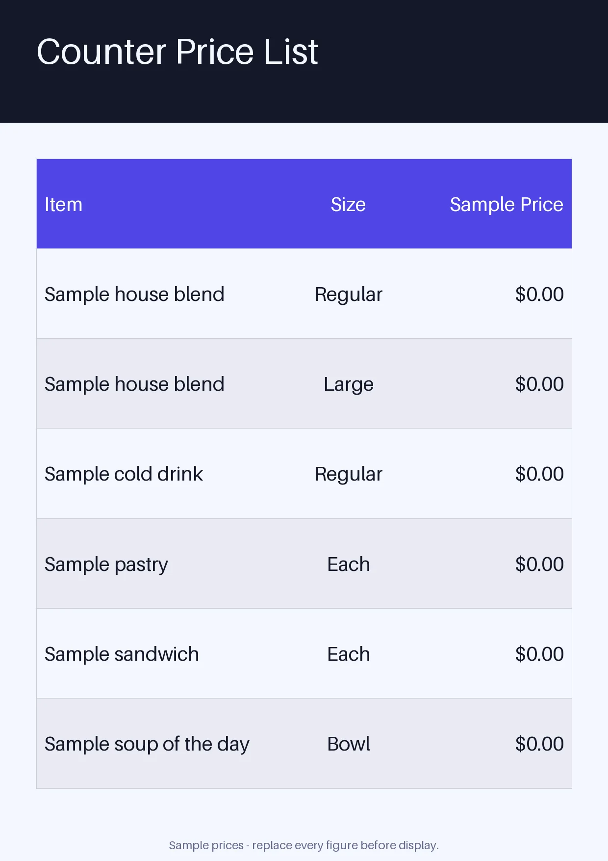 Counter Price List variant 2
