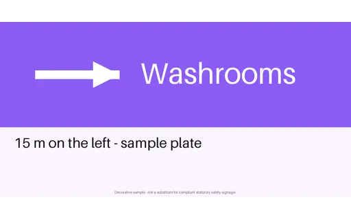 Washroom Direction Plate — signage layout, sample content only
