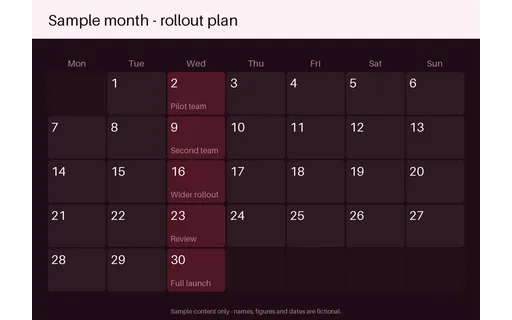 Onboarding Day Calendar — calendar-grid layout, sample content only