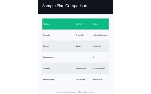 Pricing Plan Comparison — table-sheet layout, sample content only