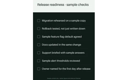 Release Readiness Checklist — checklist-sheet layout, sample content only