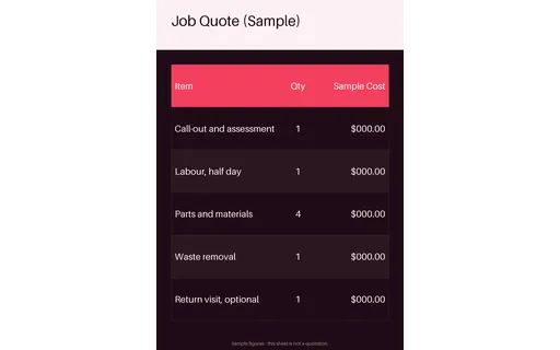 Job Quote Sheet — table-sheet layout, sample content only