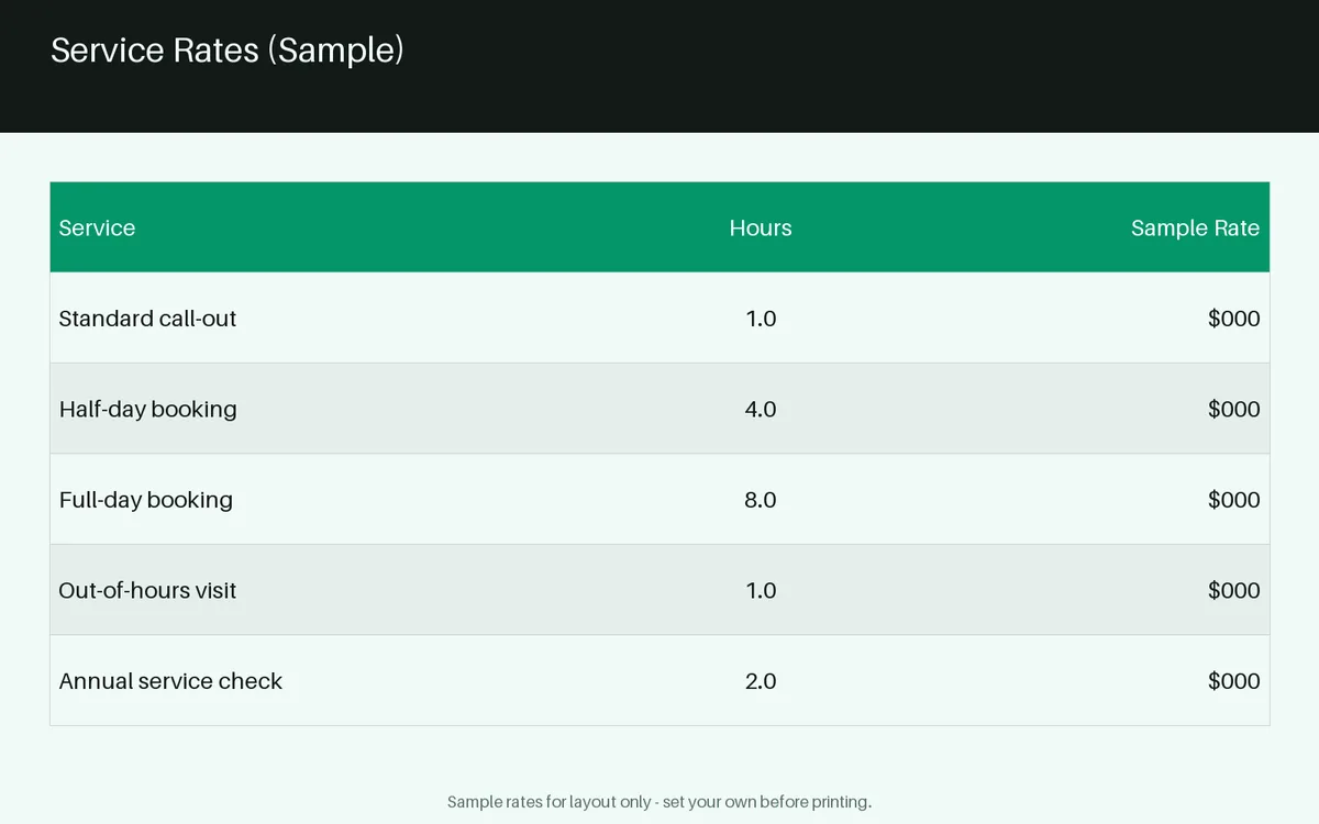 Service Rate Card detail preview