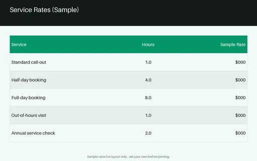 Service Rate Card — table-sheet layout, sample content only