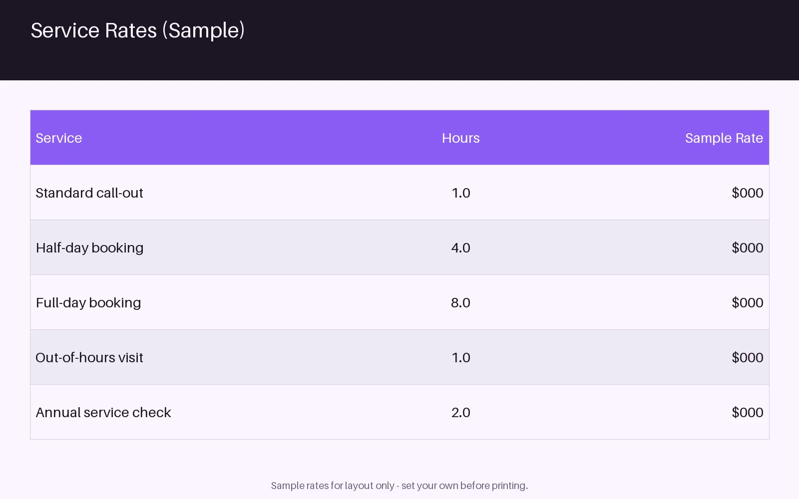 Service Rate Card variant 2